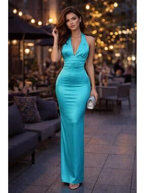 Cache Turquoise Backless Formal Bridesmaid Satin Gown sz 12 NWT Halter